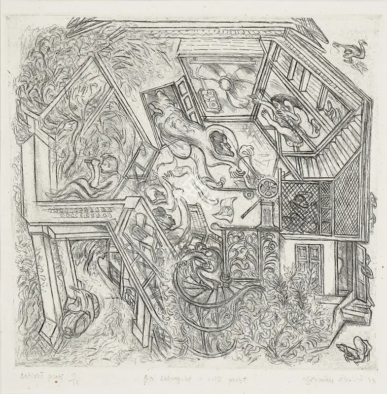 Sheikh, G.M. (Artist). On Salvaging a Sick Print. Etching on paper; Edition Ap + 9/15, 1985 | Print | EconomicsArt | 00869851