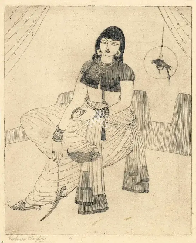 Chughtai, M.A.R. (Artist). Untitled (Lady with Caged Parrot). Etching on handmade paper, n.d. | Graphic Art | FineArts | 00646067