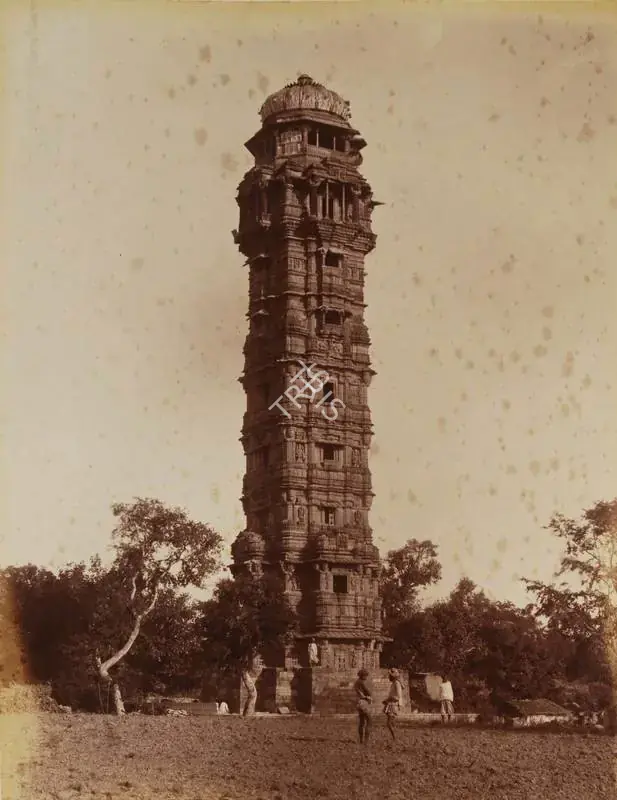 Dayal, Lala Deen (Photographer). Tower of Victory in Chittore fort - From the album 'Views in Meywar' By Lala Deen Dayal Indore. Albumen print pasted on mount, c.1890 | Antiquarian Photograph | Photography | 00115170
