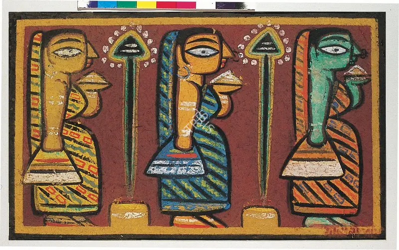Roy, Jamini (Artist). Three Pujarins. Watercolour & wash on paper, late 1940s | Painting  | 00877445