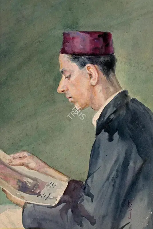 Sardesai, N.R. (Artist). Man Reading. Pencil and watercolour on paper, n.d. | Painting | FineArts | 00333422