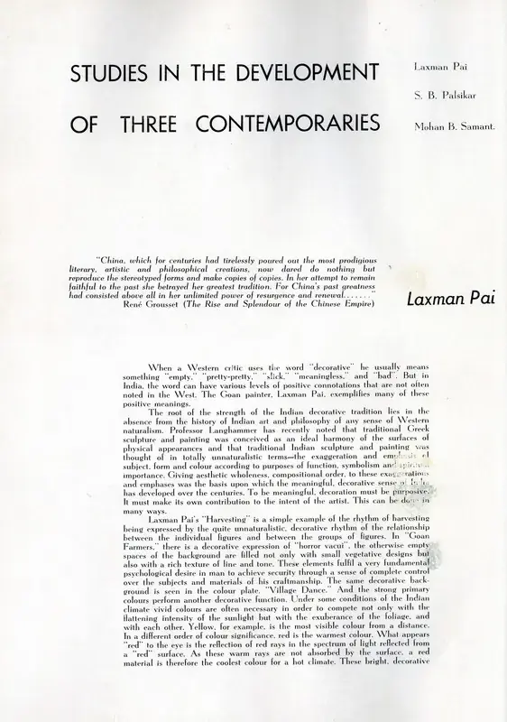 B., G.M. (Essayist). Studies in the Development of Three Contemporaries - Laxman Pai, S. B. Palsikar, Mohan B. Samant. In Marg. 7(2), pp. 32-44. Bombay: Marg, March 1954 | Essay | FineArts | 00668822, 1954
