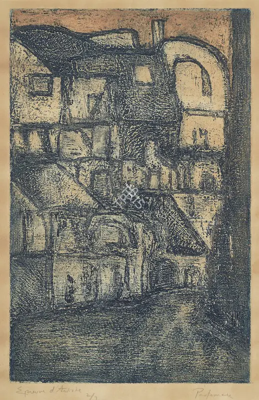 Padamsee, Akbar (Artist). Untitled (Houses). Etching on paper, 1960s | Graphic Art | EconomicsArt | 00872553