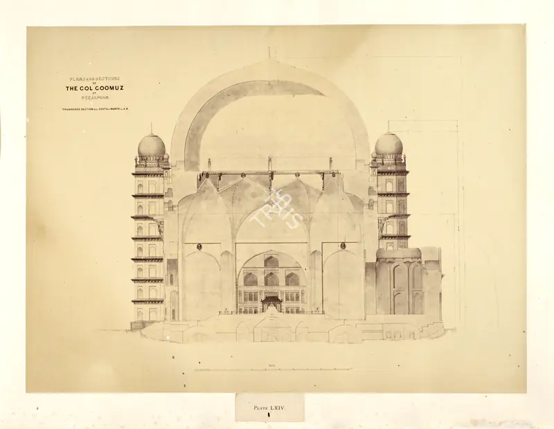 Unknown (Photographer). Plans and Sections of the Gol Goomuz at Beejapoor. Transverse section from south to north on A.B., Bijapur - From the album "Architecture at Beejapoore. An Ancient Mohammedan Capital in the Bombay Presidency Published by John Murray. London 1866. Photographs by Dr. William Henry Pigou, Dr. Andrew c.Neill and Col. Thomas Biggs with an historical and descriptive memoir by Colonel Meadows Taylor and  architectural notes by James Fergusson". Albumen print pasted on mount, c.1850 | Antiquarian Photograph | Photography | 00115033