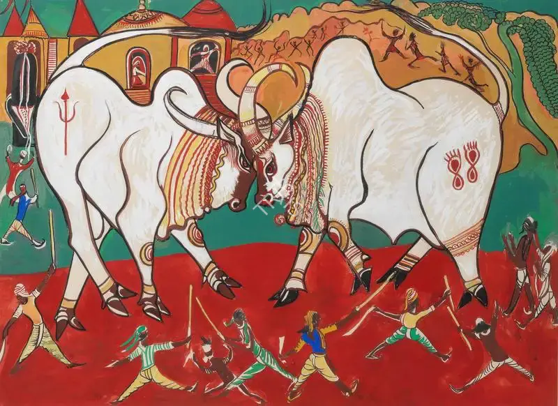 Sen, Abani (Artist). Untitled (Bull Fight). Pencil and watercolour on paper, n.d. | Painting | FineArts | 00419269