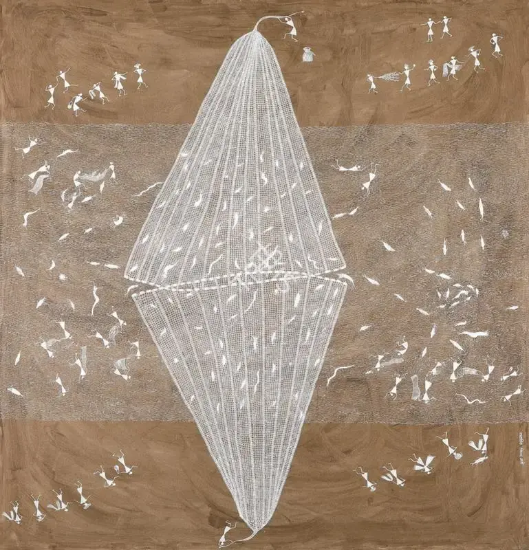 Mashe, Sadashiv (Artist). Untitled (Warli Painting). Cow dung and acrylic on canvas, n.d. | Painting | FineArts | 00417267