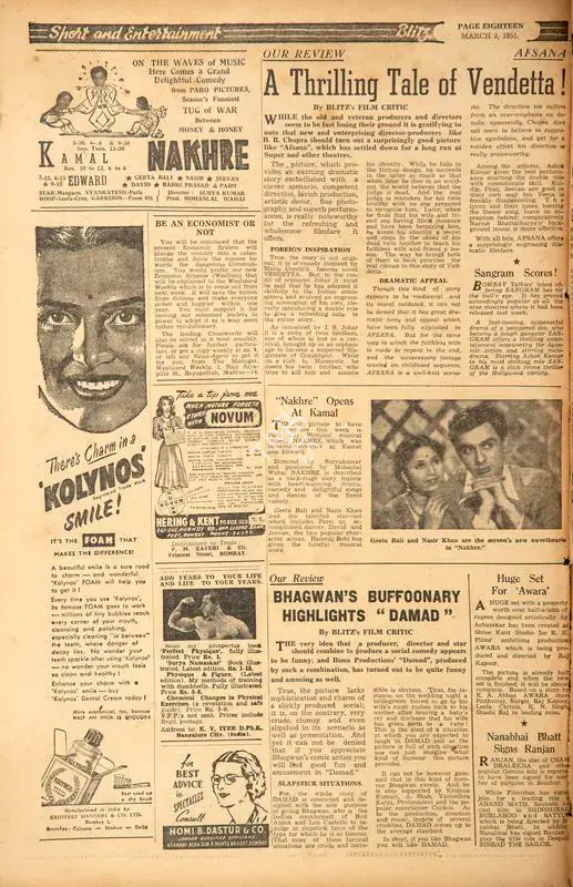 Bhagwan's Buffoonary Highlights "Damad". In Blitz - Asia's Foremost News Magazine. p. 18. Bombay: R.K. Karanjia, 03 March 1951 | Film Review | CinemaEducation | 00143783