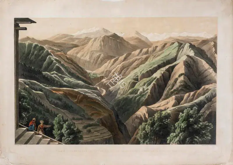 Picken, T. (Lithographer). The village of Koomarsen on the left hand range, the Kooloo and Kote Kangaroo Ranges in the distance - Sunset, circa 1852 | Lithograph
