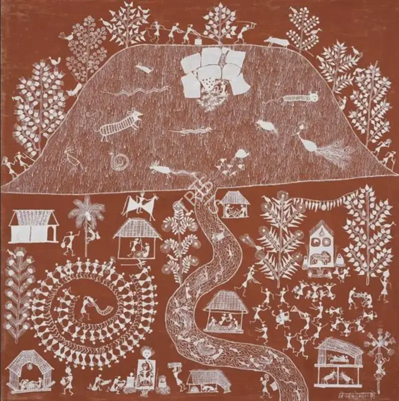Mashe, Jivya Soma (Artist). Untitled (Sweet Celebration) (Warli Painting). Geru and acrylic on raw canvas, n.d. | Painting | FineArts | 00547423