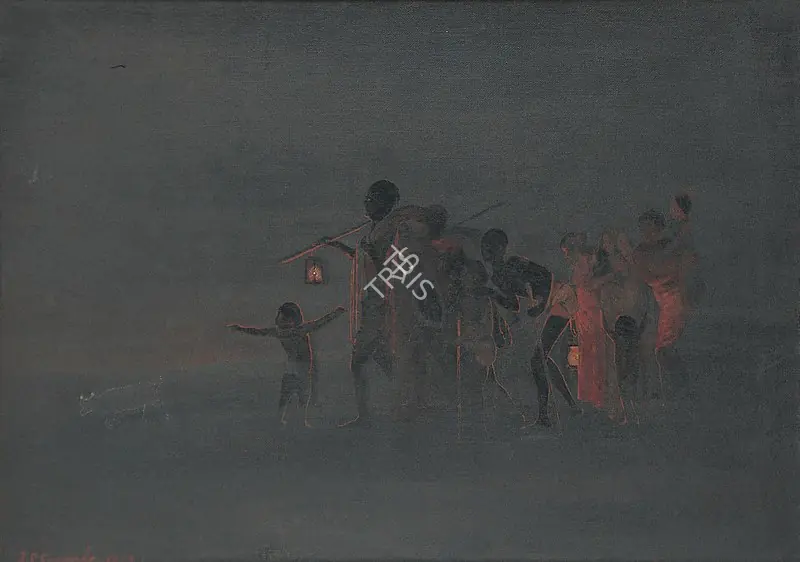 Gangooly, J.P. (Artist). Refugees Seeking Shelter. Oil on jute canvas, c.1952 | Painting  | 00879845
