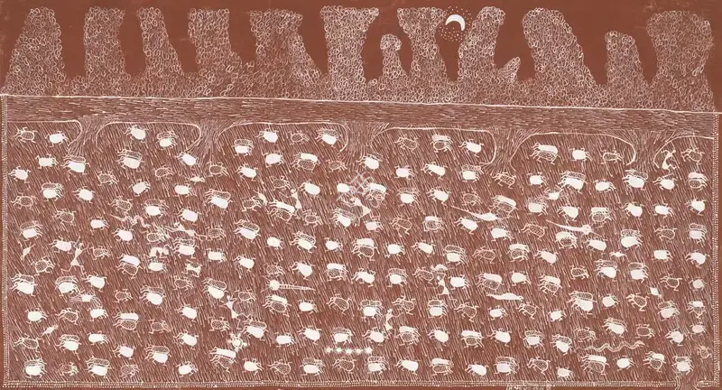Mashe, Jivya Soma (Artist). Untitled (Paddy Night Life) (Warli). Acrylic on cloth, n.d. | Painting | EconomicsArt | 00869204