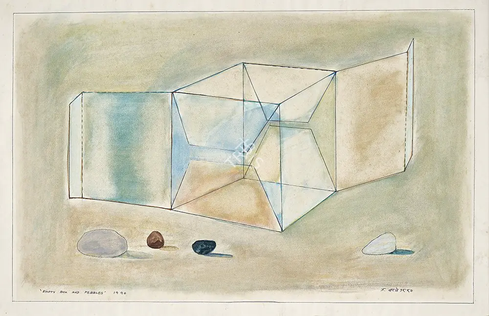 Barwe, Prabhakar (Artist). Empty Box And Pebbles, 1990 | Painting