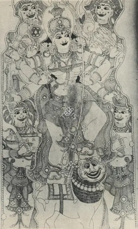 Unknown (Artist). Durga, Eight Armed, Holding the weapons of the Gods, Standing on her Lion, on Army of Amazons Escorts Her, n.d. | Drawing