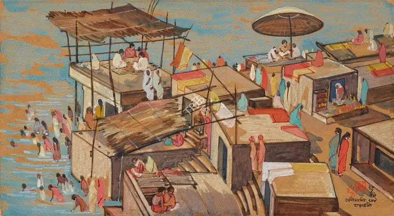 Dugar, Indra (Artist). Benimadhav Ghat. Tempera on colored paper, 1959 | Painting | EconomicsArt | 00869846