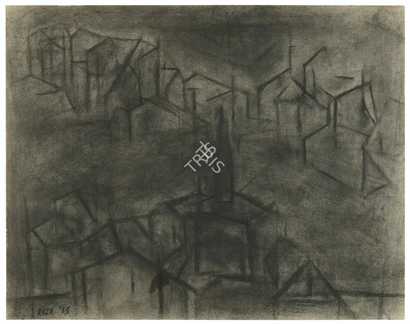 Raza, S.H. (Artist). Untitled (Houses). Charcoal on paper, 1953 | Painting | FineArts | 00546840