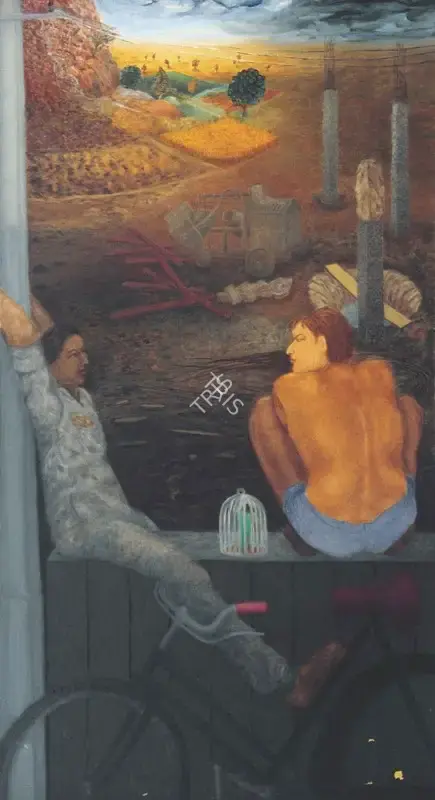 Sundaram, Vivan (Artist). Two boys sitting on the outer wall (Kalidas and Pandu). Oil on canvas, 1984-1985 | Painting | FineArts | 00332120