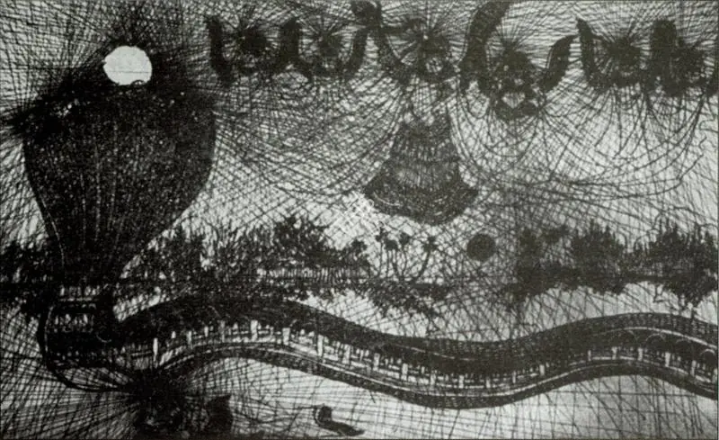 Ramanujam, K. (Artist). The Moon Seemed Tarnished and the Hall of a Thousand Pillars within me Waxed Luminous. Ink, 1972 | Artrends, January-April 1972 | Drawing | FineArts | 00551445