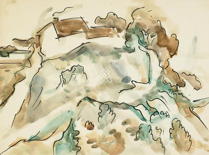 Mukherjee, B.B. (Artist). Mussoorie. Watercolour and ink on paper, 1953 | Drawing | FineArts | 00363797