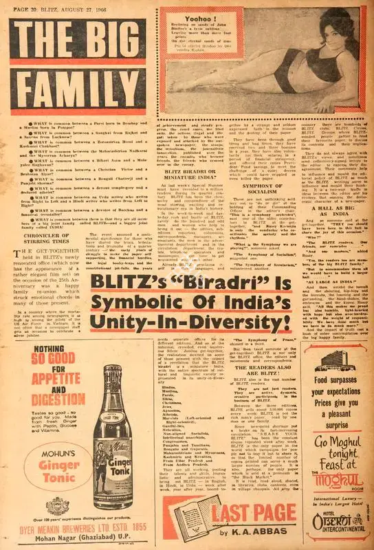 Abbas, Khwaja Ahmad (Columnist). The Big Family. In Blitz - India's Greatest Weekly. p. 20. Bombay: R.K. Karanjia, 27 August 1966 | Essay | CinemaEducation | 00464919
