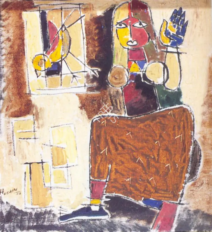Husain, M.F. (Artist). Woman with Bird Cage, 1952 | Painting