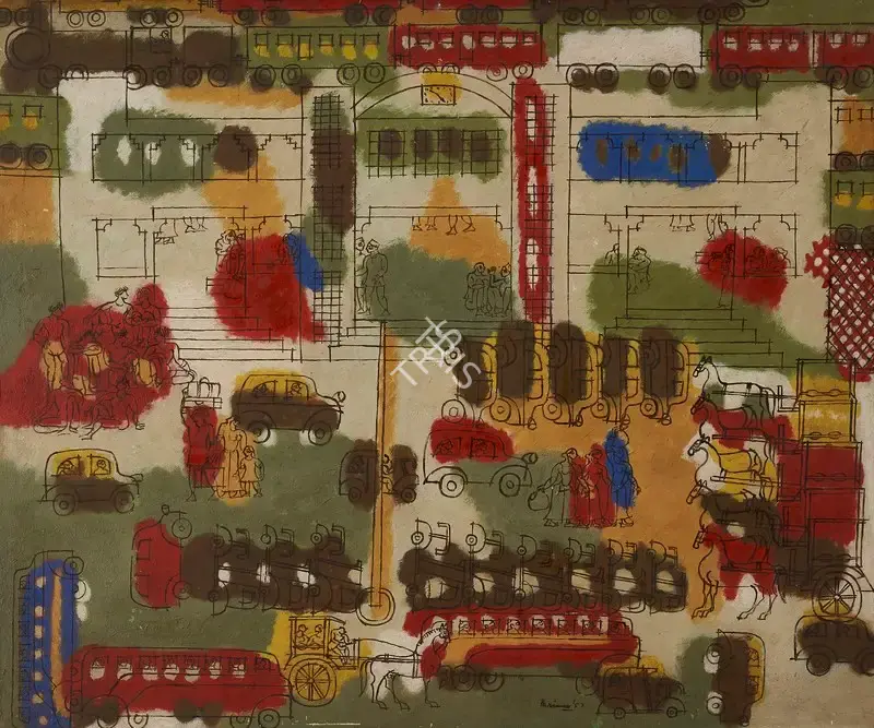 Parimoo, Ratan (Artist). Untitled (Baroda Railway Station). Mixed media on board, 1957 | Painting | FineArts | 00353671