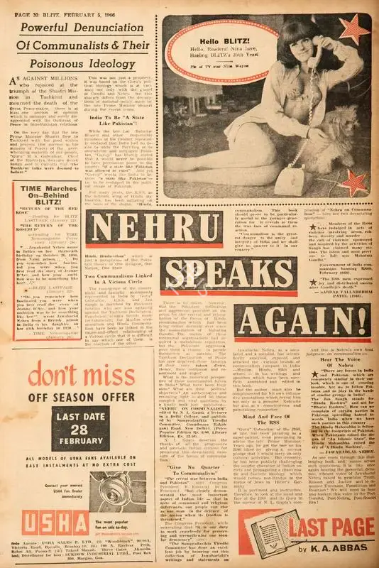 Abbas, Khwaja Ahmad (Columnist). Nehru Speaks Again. In Blitz - India's Greatest Weekly. p. 20. Bombay: R.K. Karanjia, 05 February 1966 | Essay | CinemaEducation | 00464900