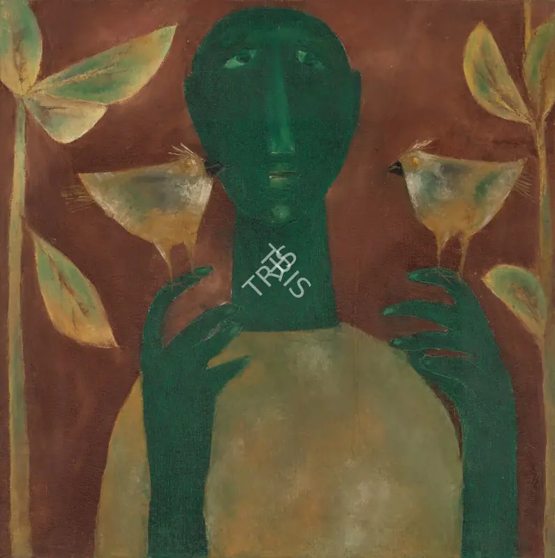 Shah, Haku (Artist). Untitled (Man with Birds). Oil on canvas, n.d. | Painting | EconomicsArt | 00869690