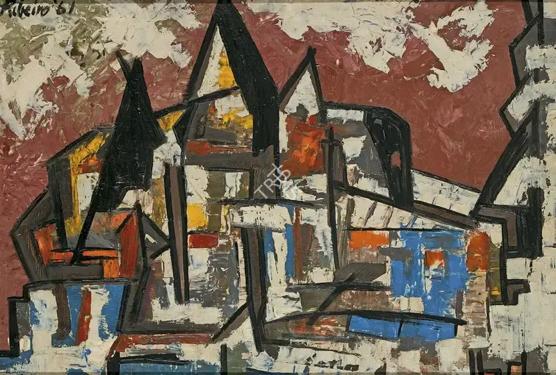 Ribeiro, Lance (Artist). Houses. Oil on board, 1961 | Painting | EconomicsArt | 00871389