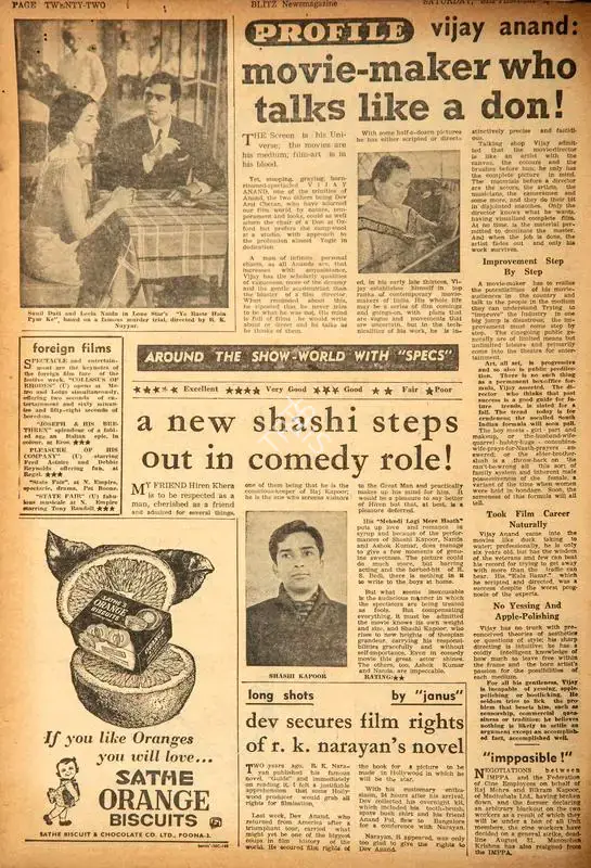 A New Shashi Steps Out in Comedy Role !. In Blitz - Hindi Sanskaran. p. 22. Bombay: Homi D. Mistry, 01 September 1962 | Film Review | CinemaEducation | 00142693