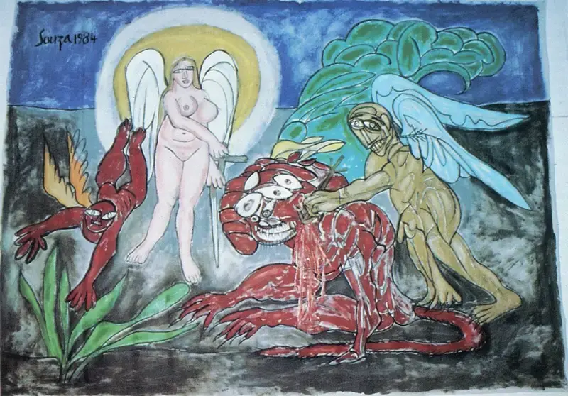 Souza, F.N. (Artist). Eros Killing Thanatos. Oil on canvas, 1984 | Marg, September 1985 | Painting | FineArts | 00675052