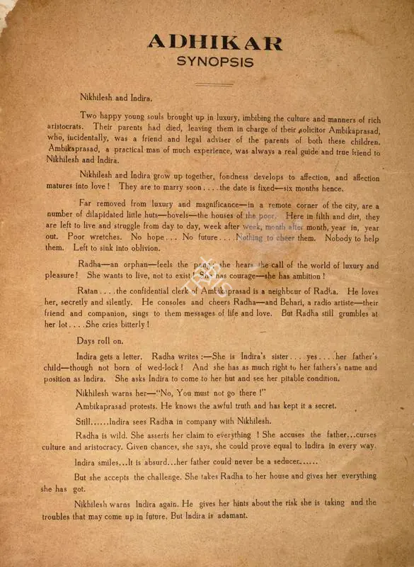 Sircar, B.N. (Producer), Adhikar, 1938 | Song-Synopsis Booklet | CinemaEducation | 00862823