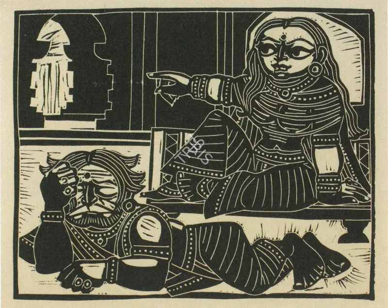 Chittaprosad (Artist). Kaikeyi orders Rama's exile; Dasharath is heartbroken. Linocut on paper, c. 1970s | Chittaprosad, 2011 | Graphic Art | FineArts | 00710192
