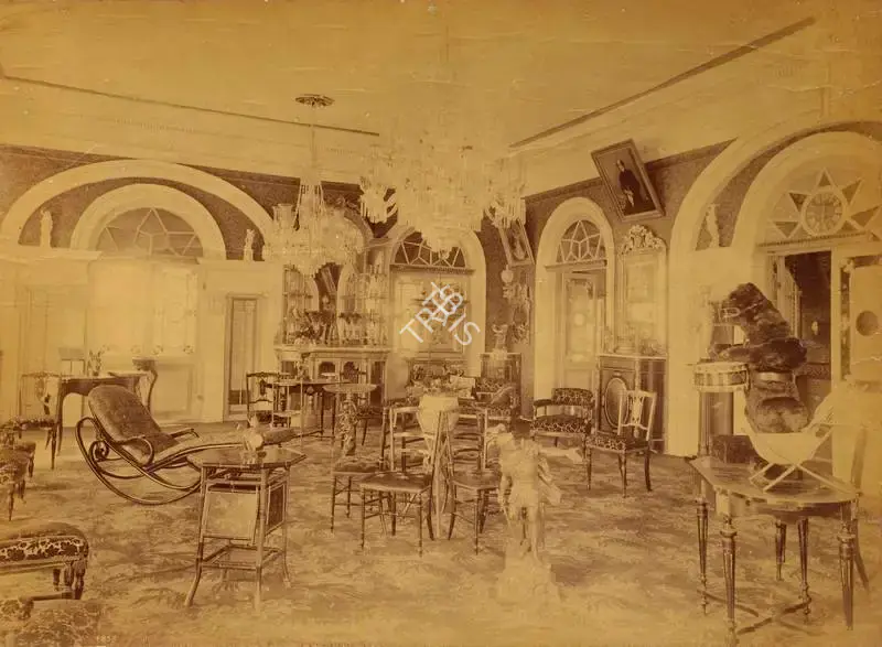 Dayal, Lala Deen (Photographer). Bashir-bagh Visitors room - From the album 'H.R.H. Prince Albert Victor's Visit Hyderabad (Deccan) November 1889. Lala Deen Dayal State Photographer, Secunderabad and Indore O.I.'. Albumen print pasted on mount, November 1889 | Antiquarian Photograph | Photography | 00115327