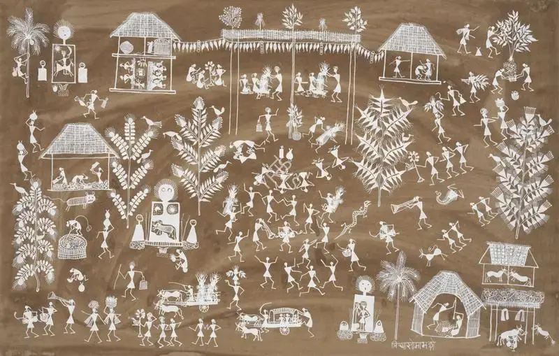 Mashe, Jivya Soma (Artist). Untitled (Bridegroom Under Tent) (Warli Painting). Acrylic and cow dung on paper, n.d. | Painting | FineArts | 00417628
