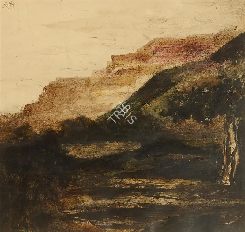 Tagore, Rabindranath (Artist). Untitled (Dark landscape with cliffs and tree). Ink on paper, c. late 1920s | Painting | FineArts | 00356585