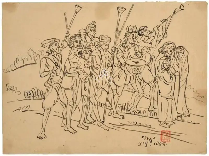 Bose, Nandalal (Artist). Santhal Musicians, n.d. | Drawing