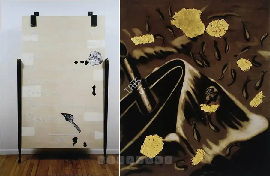 Dodiya, Atul (Artist). Stammer In The Shade - V. Acrylic, marble dust, iron crutches, iron brackets and gold leaf on board, 2005 | Painting  | 00881004