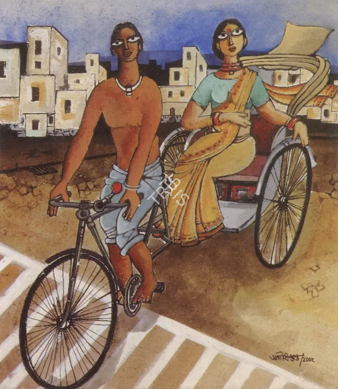 Gupta, Ashish (Artist). Rickshaw Ride. Watercolour and bodycolour on paper, 2002 | Painting | FineArts | 00599369