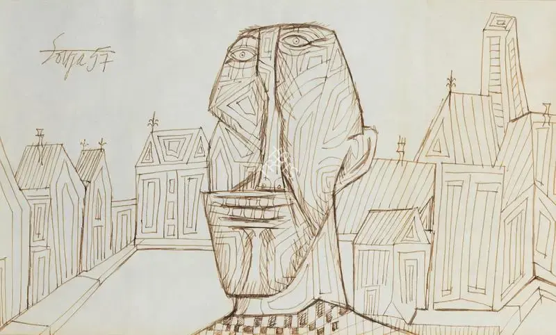 Souza, F.N. (Artist). Untitled (Head in Townscape), 1957 | Painting
