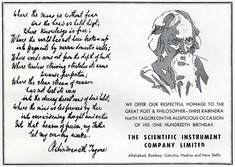 The Scientific Instrument Company Limited (Advertiser). Homage to Rabindranath Tagore on his Hundredth Birth Anniversary, 1961 | Advertisement