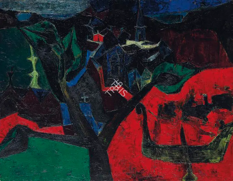 Raza, S.H. (Artist). Untitled (Village dans un Paysage). Oil on board, 1955 | Painting | FineArts | 00335396