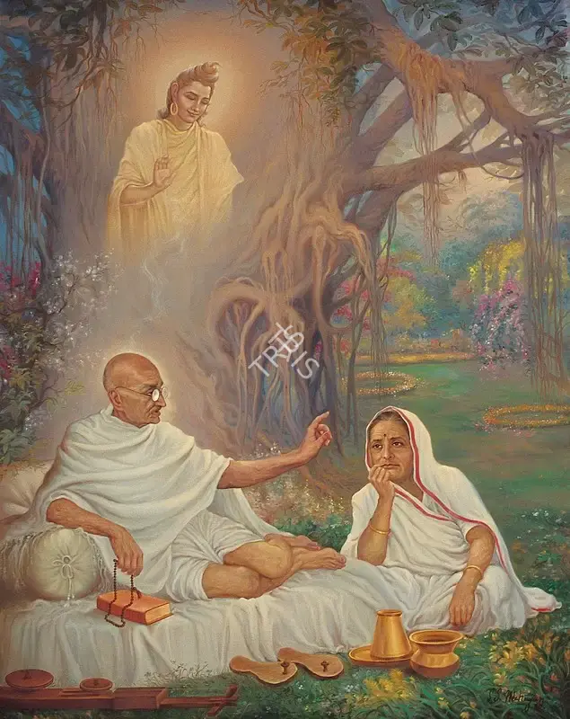 Mahajan, Sunil (Artist). Ram Blessing Gandhiji and Kasturba. Oil on canvas, 1997 | Painting | FineArts | 00373260