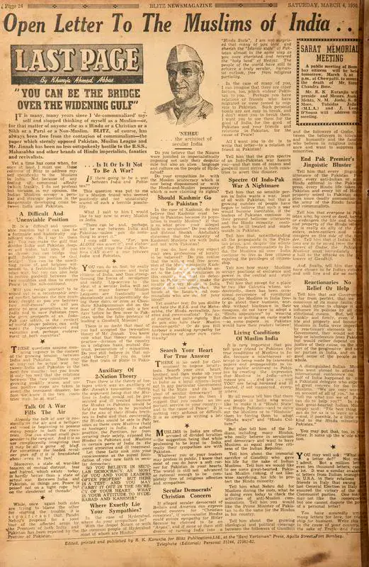 Abbas, Khwaja Ahmad (Columnist). Open Letter to the Muslims of India. In Blitz. 04 March 1950 | Essay