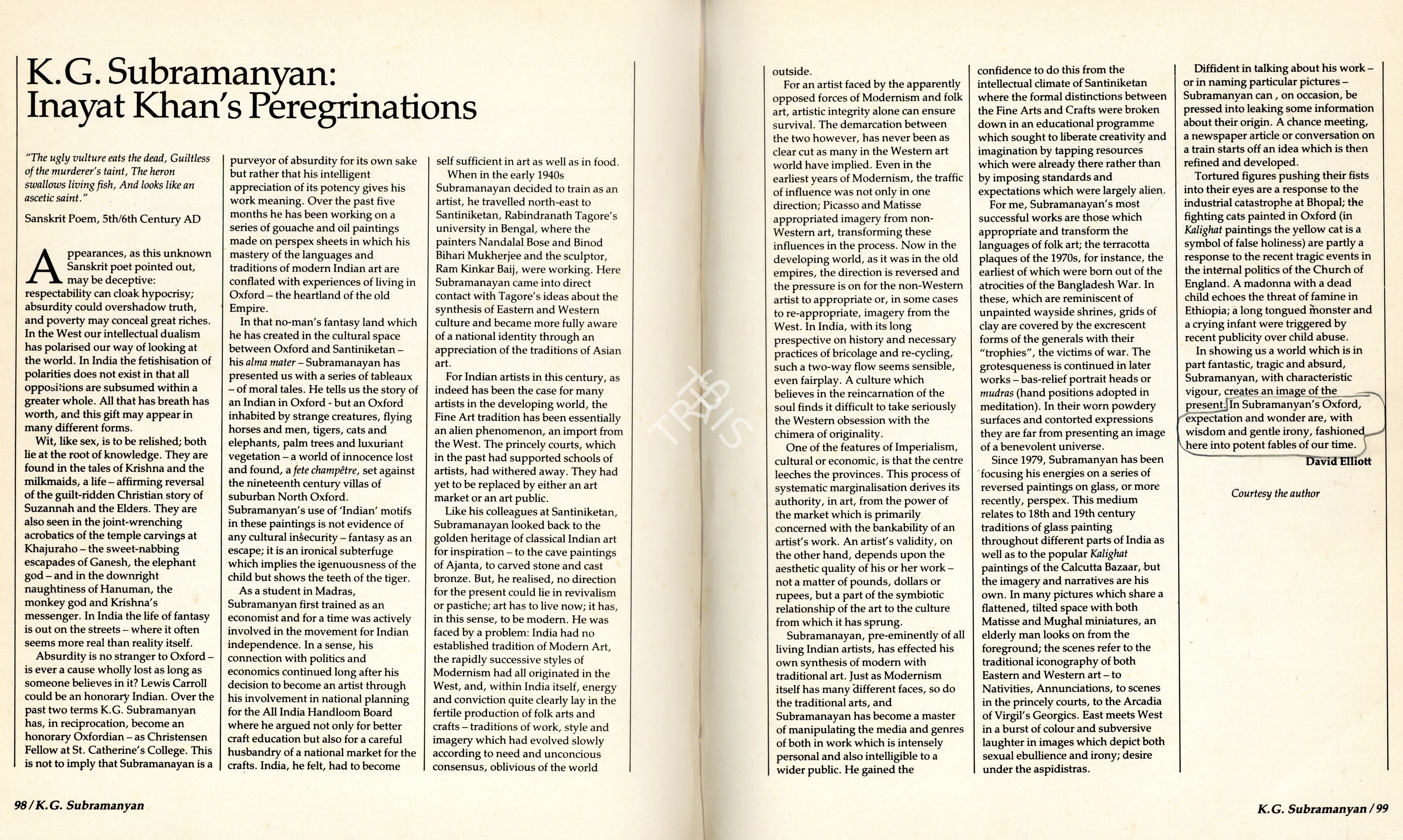 Elliott, David (Essayist). K G Subramanyan - Inayat Khan's Peregrinations. In Art Heritage 8 - 1988-89. Season 12, pp. 98-104. New Delhi: Art Heritage, 1989 | Essay | FineArts | 00851715