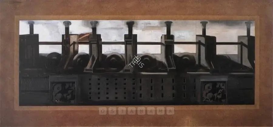 Sharma, Nataraj (Artist). Factory. Oil, acrylic and gouache on paper pasted on board, 1996-2000 | Painting | FineArts | 00898373