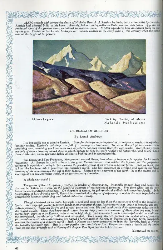 Andreyev, Leonid (Essayist). The Realm of Roerich. In Marg. 2(2), pp. 42, 60. Bombay: Modern Architectural Research Group, February 1948 | Essay | FineArts | 00668757