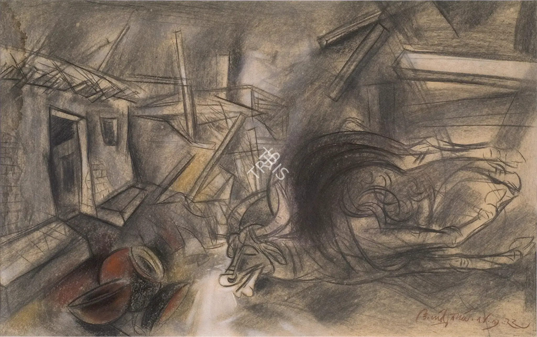 Goud, K. Laxma (Artist). Cyclonic Silence, Cow & Pots, 1988 | Drawing