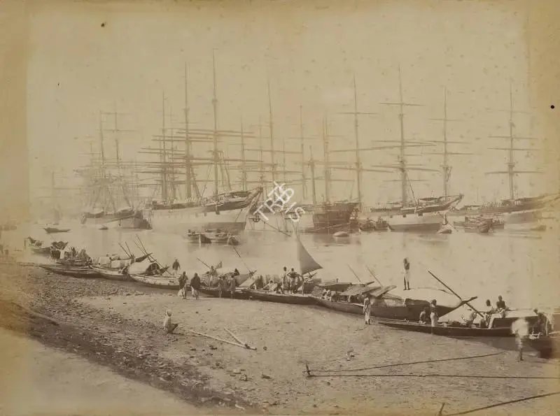 Narayan, Shew Shankar (Photographer). The Shipping in the River Hoogly - From the album 'Calcutta International 1883-84 Exhibition Views'. Albumen print pasted on mount, 1883-1884 | Antiquarian Photograph | Photography | 00115254