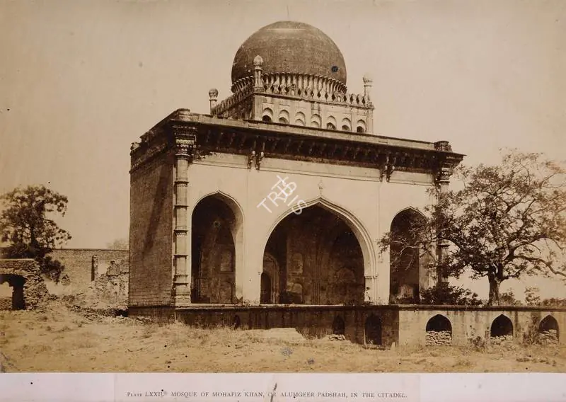 Biggs, H.E.J. (Photographer). Mosque of Mohafiz Khan or Alumgeer Padshah,in the citadel, Bijapur - From the album "Architecture at Beejapoore. An Ancient Mohammedan Capital in the Bombay Presidency Published by John Murray. London 1866. Photographs by Dr. William Henry Pigou, Dr. Andrew c.Neill and Col. Thomas Biggs with an historical and descriptive memoir by Colonel Meadows Taylor and  architectural notes by James Fergusson". Albumen print pasted on mount, c.1855 | Antiquarian Photograph | Photography | 00115012
