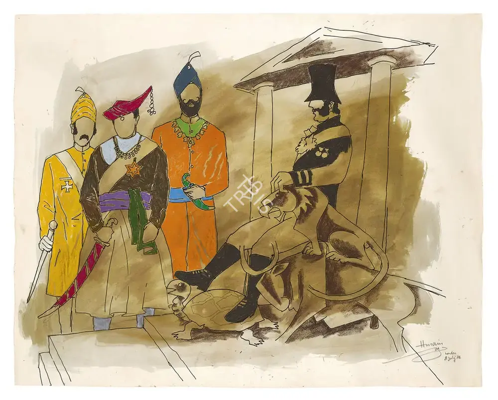 Husain, M.F. (Artist). Credentials of Gwalior, Nizam and Patiala!, 1989 | Painting